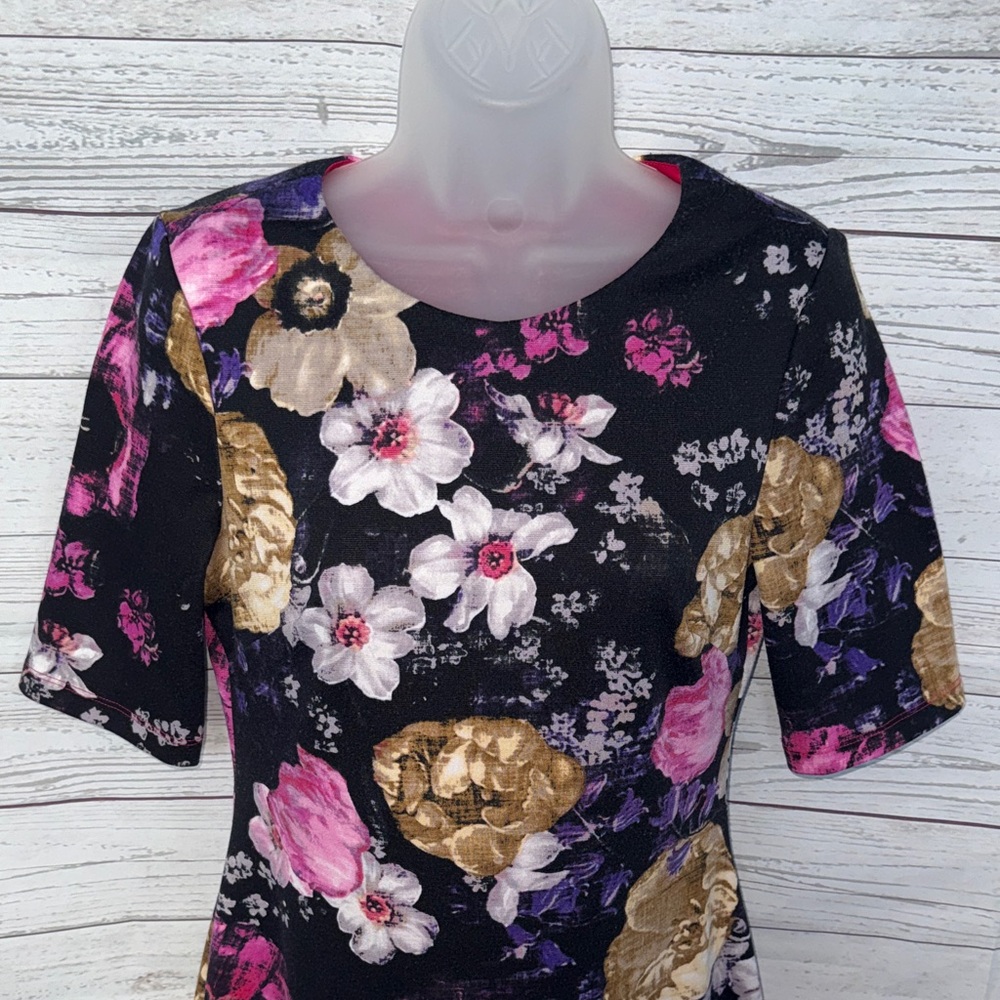 Vince Camuto Black Floral Scoop Neck Short Sleeve Dress Size 6